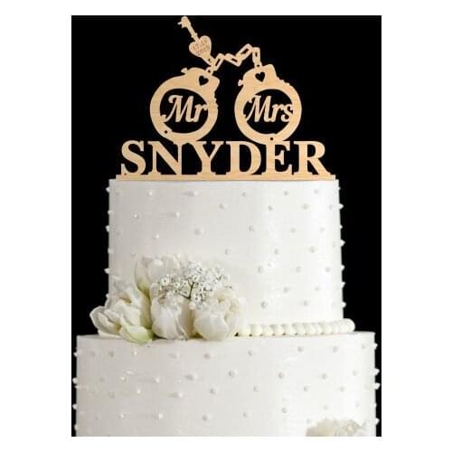 Custom handcuff wedding cake topper ,Rustic cake topper with last name