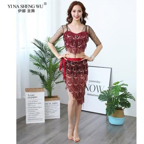 Sexy Women Belly Dance Set Sequin Belly Dance Top Practice Costumes Transparent Mesh Long/Half Sleeve Top Tassel Hip Scarf Skirt