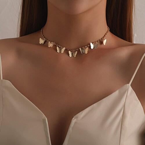 Retro Gold Silver Color Pendant Butterfly Necklace for Women Butterflies Charm Crystal Choker Necklaces Boho Beachy Jewelry Gift