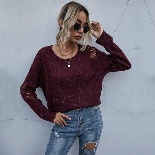 Wine Red Gothic Women Hole Sweater 2021 Winter Lady Hollow Out O Neck Split Loose Sweaters Basic Batwing-sleeve Knit Gothic Top