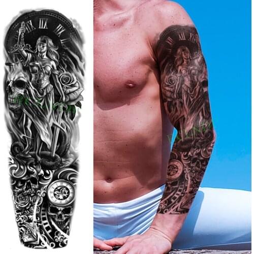 Waterproof Temporary Tattoo Sticker Skull Female warrior Sword Flower Clock Full Arm Fake Tatto Flash Sleeve Tatoo for Men Women