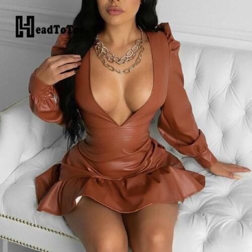 Puffed Sleeve PU Leather Ruffles Party Dress Women Sexy Deep V Neck Night Out Mini Dress
