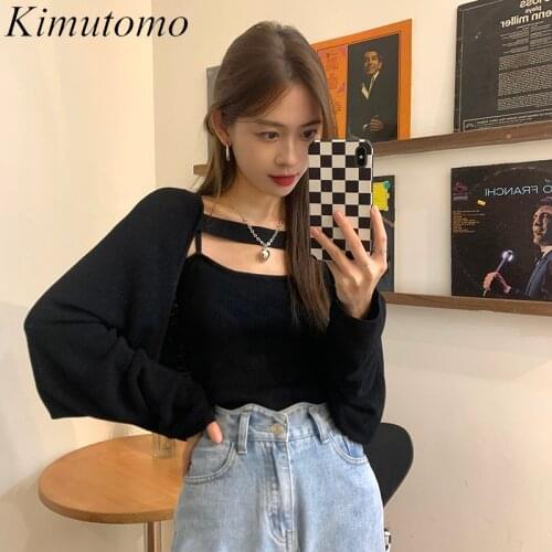Kimutomo Women Sets 2021 Autumn Korea Temperament Ladies Hong Kong-Style Design Sense Long-Sleeved Blouse Cardigan Sling Suit