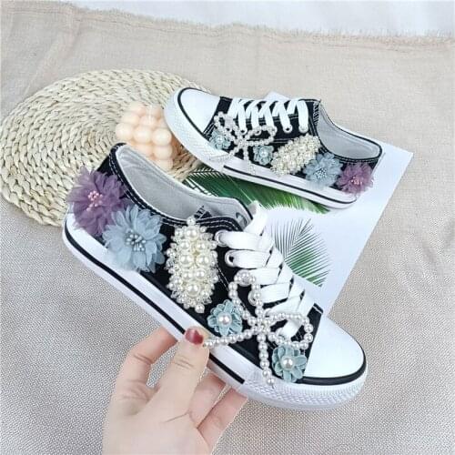Beads Autumn Sneakers Canvas Lace-Up Shoes Womens 2021 Breathable Casual Flowers Rhinestone Vulcanize Shoes Zapatillas Mujer