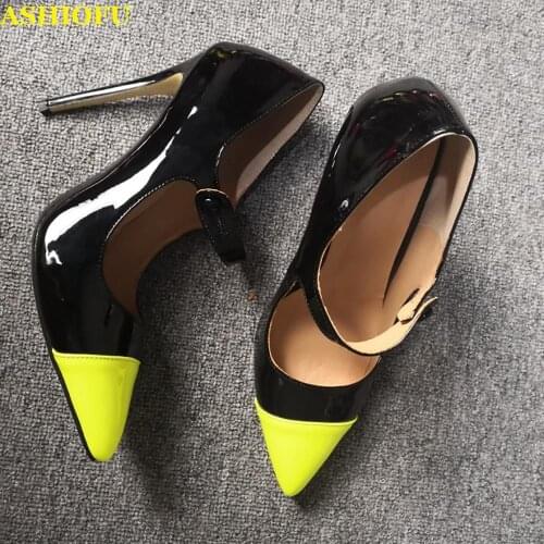 ASHIOFU Handmade Ladies Stiletto Heel Pumps Two-tones Patent Leather Party Prom Dress Shoes Real-photos Evening Office Pumps
