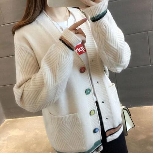 Short Knitted Cardigan Women Sweater 2021 Autumn Winter Loose Color Matching Pocket V-Neck Pull Femme Outerwear Female Knitwear
