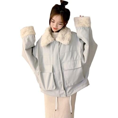 WomenS Short Winter Big Pocket Lapel Lamb Hair Windproof Down Jacket Oversized Cotton Pad Coat