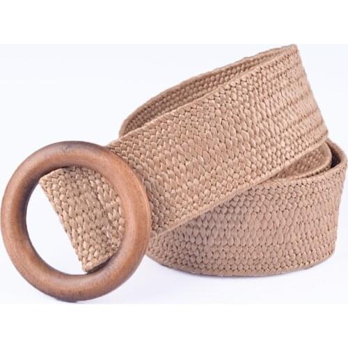 Women Fashion Pink Straw Weave Belt Round Buckle Bohemian Style Boho Dress Simple Belt