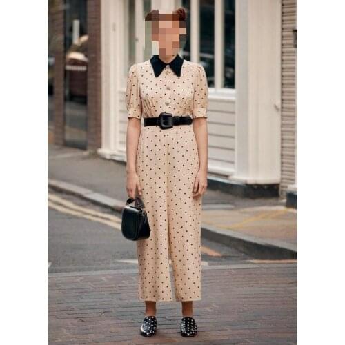 French British Style New Office Lady Dot Print Temperament Womens Silk Jumpsuit