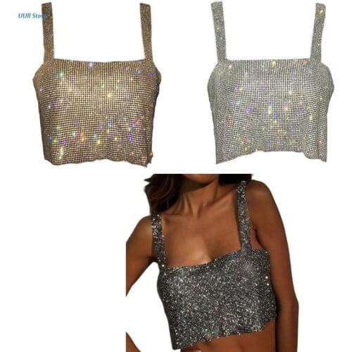 Women Sexy Off Shoulder Cropped Tank Top Glitter Rhinestone Metal Diamond Camis Vest Backless Dancing Festival Party Jewelry