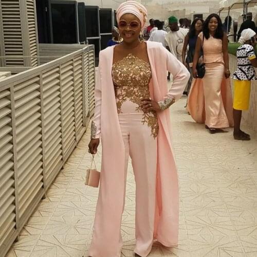 Pink Jumspsuit Prom Dresses with Jacket Sheer Neck Lace Appliques Bead Pants Outfit Evening Gowns