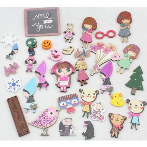 150pcs assorted Zakka Kawaii Wooden Cabochon Button Embellishments Flat Back wood DIY supply for handicraft 3cm-7cm D15