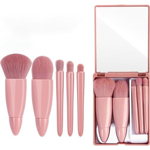 5Pcs Blush Foundation Eye Shadow Makeup Brushes Soft Plastic Handle With Mirror Makeup Brush Set Portable Beauty Tools