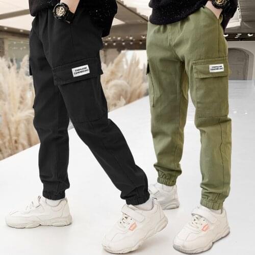 Spring Autumn Children Cargo Pants Boys Black Khaki Green Long Sport Trousers Kids Teenager Elastic Waist Training Pants 6 7 8 Y