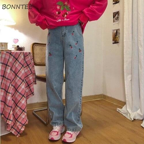 Jeans Women Vintage Denim Kawaii Cute Embroidery High Waist Wide Leg Trousers Summer All-match Casual Loose Fashion Korean Style