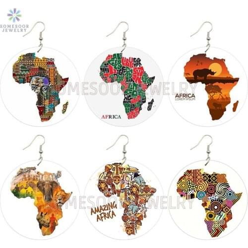 SOMESOOR Amazing African Prints Wooden Drop Earrings Afrocentric Ethnic Eco Animal Black Tribal Culture Art For Women Gifts