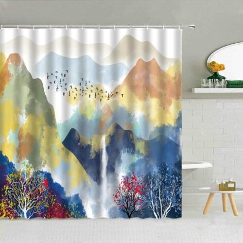 Chinese Landscape Shower Curtain Mountain Tree Lotus Bird Colorful Ink Art Wall Background Bathroom Decor Hanging Curtains Set