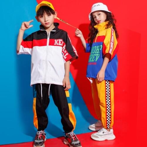 Boys Girls Polyester Coats Jogger Pants Clothing set Hip Hop Jazz Dance Costume for Kids Dancing Streetwear 8 10 12 14 16 Years