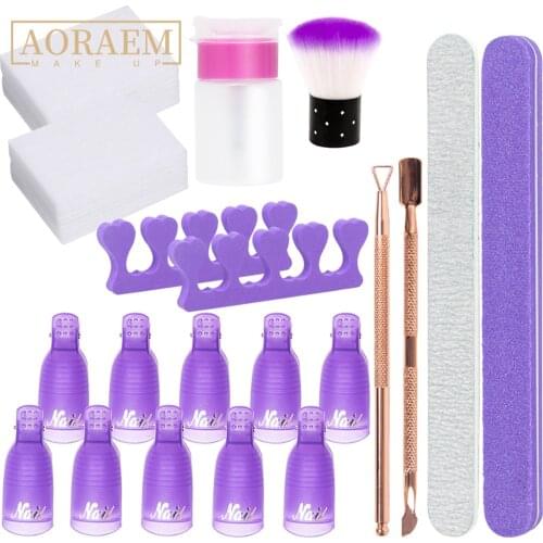AORAEM Remover Tools For Nails Manicure Set Kit Nail Soak Off Cap Clips Separator Sponge File Brush Cuticle Pusher Clean Cotton