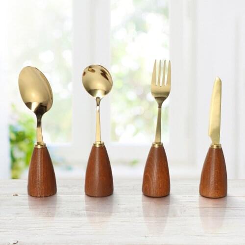4PCS Wood Handle Stainless Steel Flatware Set Gold Reusable Cutlery Japanese Style Dinner Knive Fork Spoons Tableware