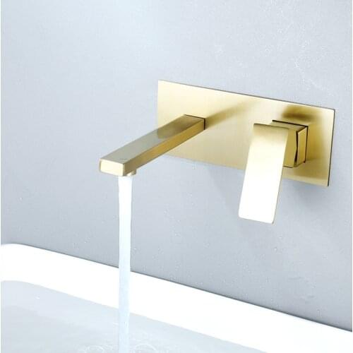 Wall Mounted Basin Faucet Brushed Gold Spout Cold and Hot Whole Box Easy to install Brass Bathroom Tap
