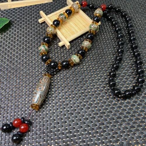 Natural Tibetan Dzi Agates Pendant Necklace Three Eyes Nine Eye Pendulum Black Agat Stone Choker Necklace for Women Men Healing