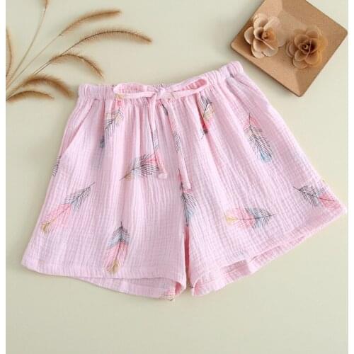 New Summer Couple 100% Cotton Gauze Crepe Shorts Feather Printing Lounge Sleep Shorts Men and Women Bottoms Lounge Pants