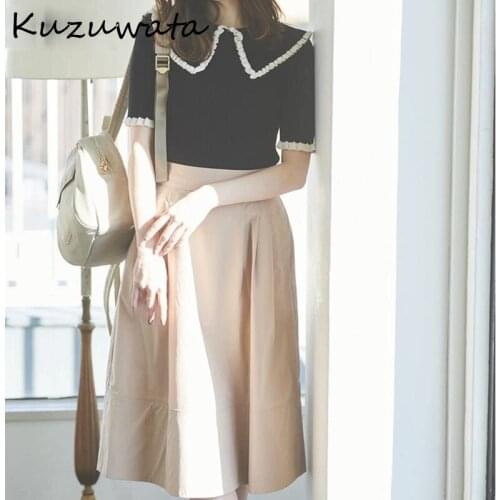 Ol Style Work Slim 2 Pcs Set Turn Down Collar Short Sleeve Knit Sweater + High Waist Hip A Line Skirt Spring Suit 2021