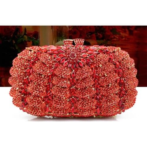 Dazzling RED Crystal Women Evening bags Metal Clutches Bag Hardcase Wedding Party Flower Bridal Handbag Women Clutch Purse lady