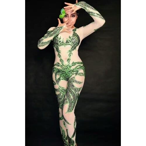 Sexy Female Costumes Bodysuit Jumpsuit Bar Nightclub DS Green Rhinestones Bright Crystals Rompers Singer Dancer Performance Show