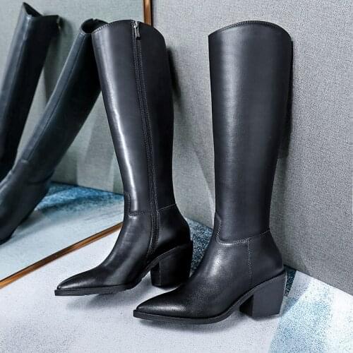 SKLFGXZY Winter New style Genuine leather Knee high boots Women boots Motorcycle boots pointed Female boots warm Women shoes