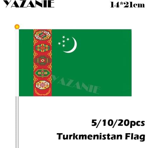 YAZANIE 14*21cm 5/10/20pcs Turkmenistan Hand Flag National Hand Flag Free Shipping Quality Polyester National Flag with Pole