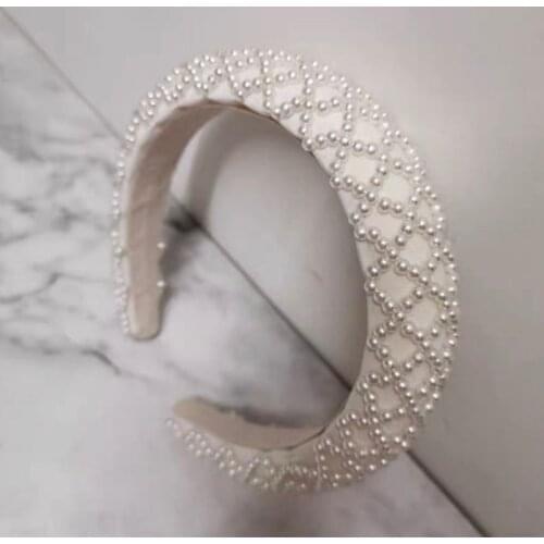Pearl Wedding Headband Bridal Rhombus Pattern Pearls Handmade Pearl Hair Accessories for Formal Wedding Party Bridal 2021