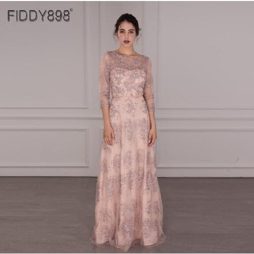 2020 New Lace Evening Gowns For Women With Three Quarter Sleeves Crystals Pearls Long Formal Dress Elegant Vetido De Noche