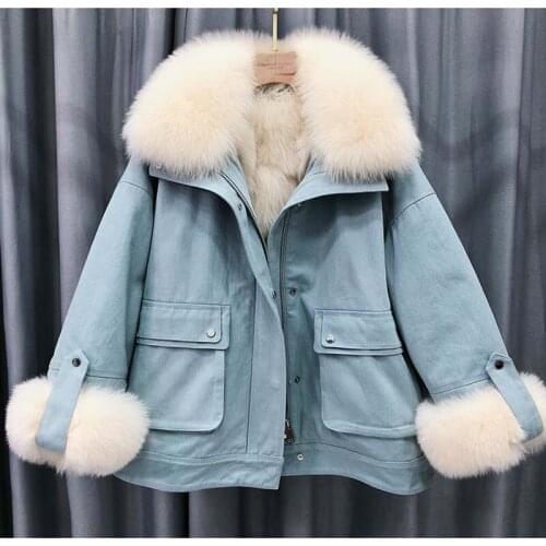 2020 womans winter parka real fox fur collar with Detachable fox fur liner warm coat short denim coat fashion new real fur coat