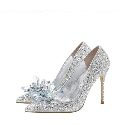 Crystal High Heels Women Stiletto High Heels 2021 New Pointed Toe Rhinestone Wedding Shoes Silver Bridal Shoes