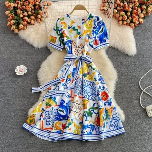 Elegant Blue And White Porcelain Summer Floral Dress 2021 Womens Sleeveless Animal Cats Tiger Dresses Mid-calf Long Party Robe