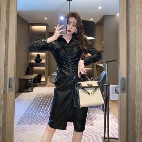 2021 Womens Long Sleeve Waist Casual Black PU Leather Evening Dress Female Bodycon Party Vestidos