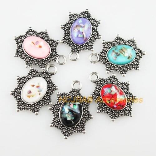 12 New Oval Flower Resin Pendants Shivering Mixed Charms Tibetan Silver 22x29mm