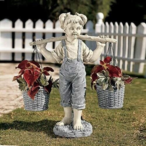 2021 Newest Arrival Garden Decorative Statue Resin Little Girl Carrying Flower Baskets Sculpture for Yard Balcony Courtyard