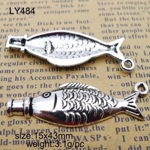 25pcs/lot 15*43mm Antique Silver Plated Zinc Alloy Charms Fish Pendants For DIY Choker Jewelry Making Findings