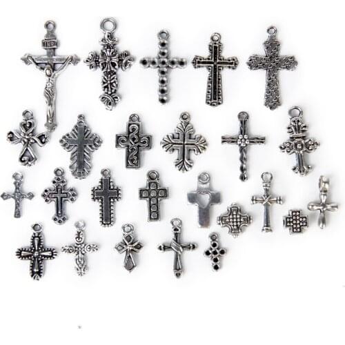25pcs Alloy Religion Varies Cross Shapes Silver Findings Pendant Beads