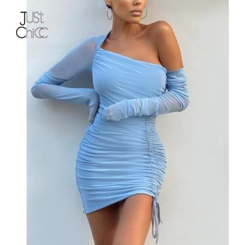 Justchicc Irregular Neck Mesh Ruched Summer MIni Dress Solid Long Sleeves Drawstring Party Sexy Dress 2021 Bodycon Slim Vestdios