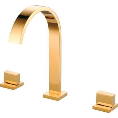 Free ship Gold PVD Bathroom 3 Piece Widespread Sink Faucet Dual Handles Centerset Mixer Tap square