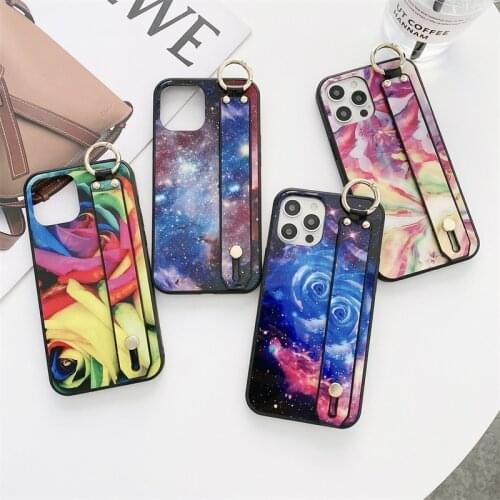 Starry sky Wrist Strap Phone Holder case For iPhone 12 11 Pro XS Max XR 7 8 Plus SE Rose flowers cover For Samsung S21Ultra S20