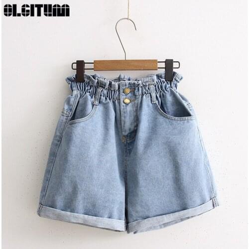 Blue White Fashion Simple Wild Elastic Waist Pocket Jeans Women 2020 Summer High Waist Denim Shorts Women Casual Wide Ladies