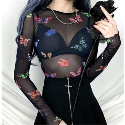 Summer Summer Mesh Sheer Long Sleeves See-through Bodycon Tops Wear Women Fashion Tee Shirts Female Butterfly Print Crop Tops