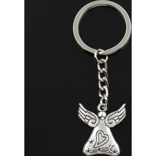 Fashion 30mm Key Ring Metal Key Chain Keychain Jewelry Antique Silver Color Plated Pray Angel Heart Star 27x24mm Pendant