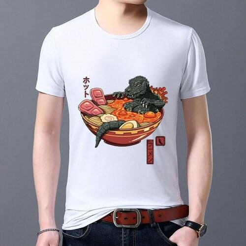 Mens T-shirt Summer All-match White Print Mens T-shirt Japanese Pattern Series Short Sleeve Top Comfortable Mens Clothing