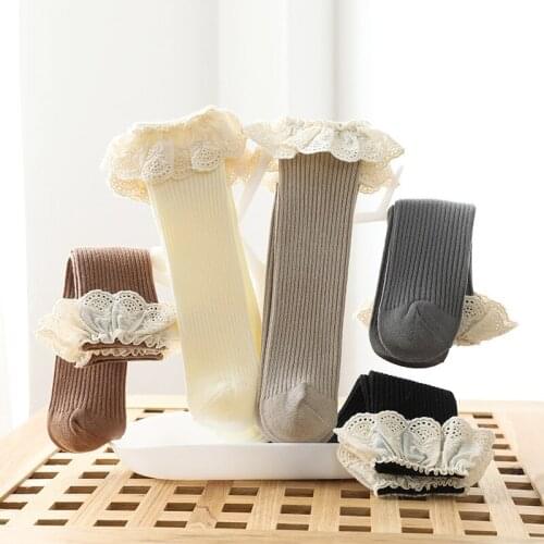Pudcoco Infant Baby Girls Knee High Socks with Grips Ruffled Lace Ribbed Knit Solid Color Non-Skid Cotton Long Stockings 0-3Y